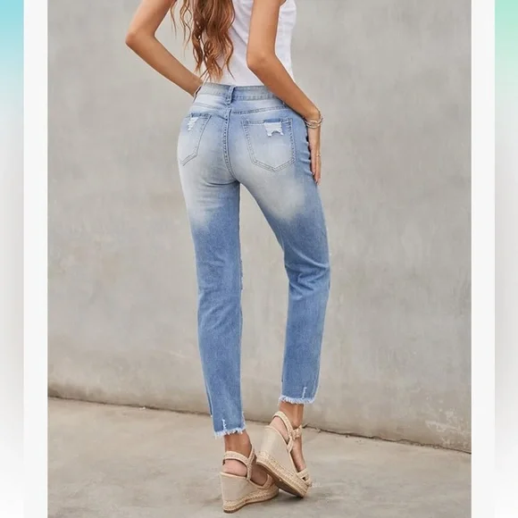 Raw Hem Medium Wash Distressed Ripped Hole Boyfriend Denim Jeans - Picture 2 of 12